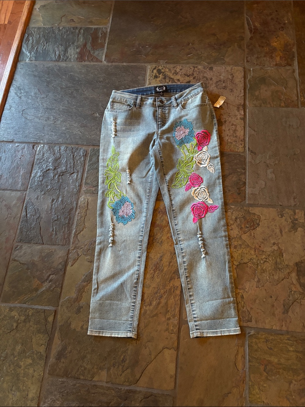Skinny Embroidered Floral Jeans - Blue/Grey with Pink & Blue Flowers